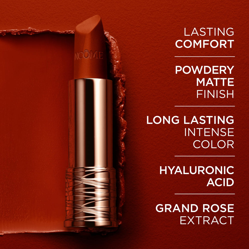Lancôme L'Absolu Rouge Drama Matte 221 wear-test shows long wear through meals.
