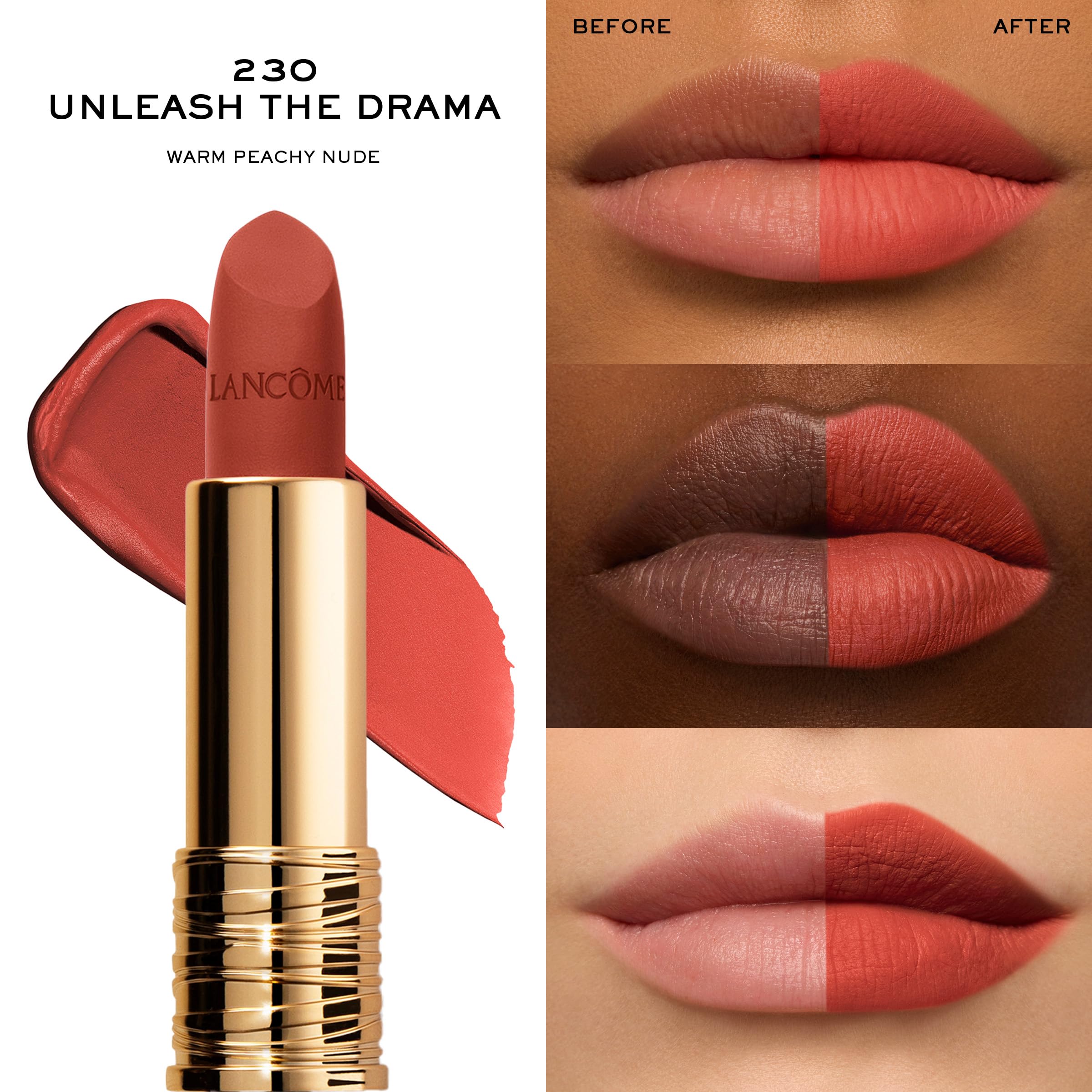 Lancôme Absolu Rouge Drama Matte velvet finish on lips with lasting impact.