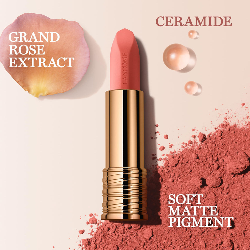 Lancôme L'Absolu Rouge Intimatte formula nourishes lips with ceramides and rose extracts.