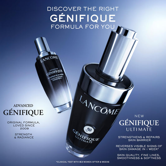 Lancôme Advanced Génifique dropper close-up shows precise serum application.