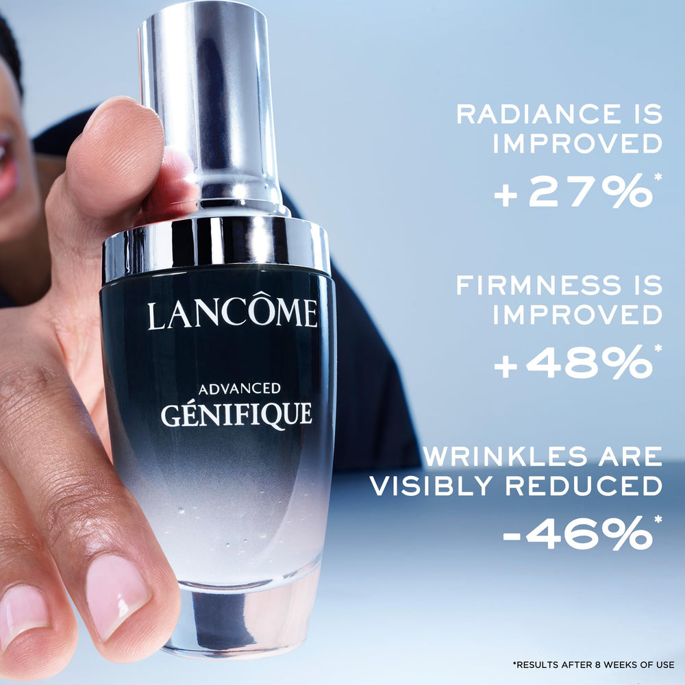 Lancôme Advanced Génifique bottle emphasizes hyaluronic acid for moisture support.