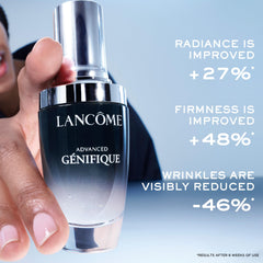 Lancôme Advanced Génifique bottle emphasizes hyaluronic acid for moisture support.
