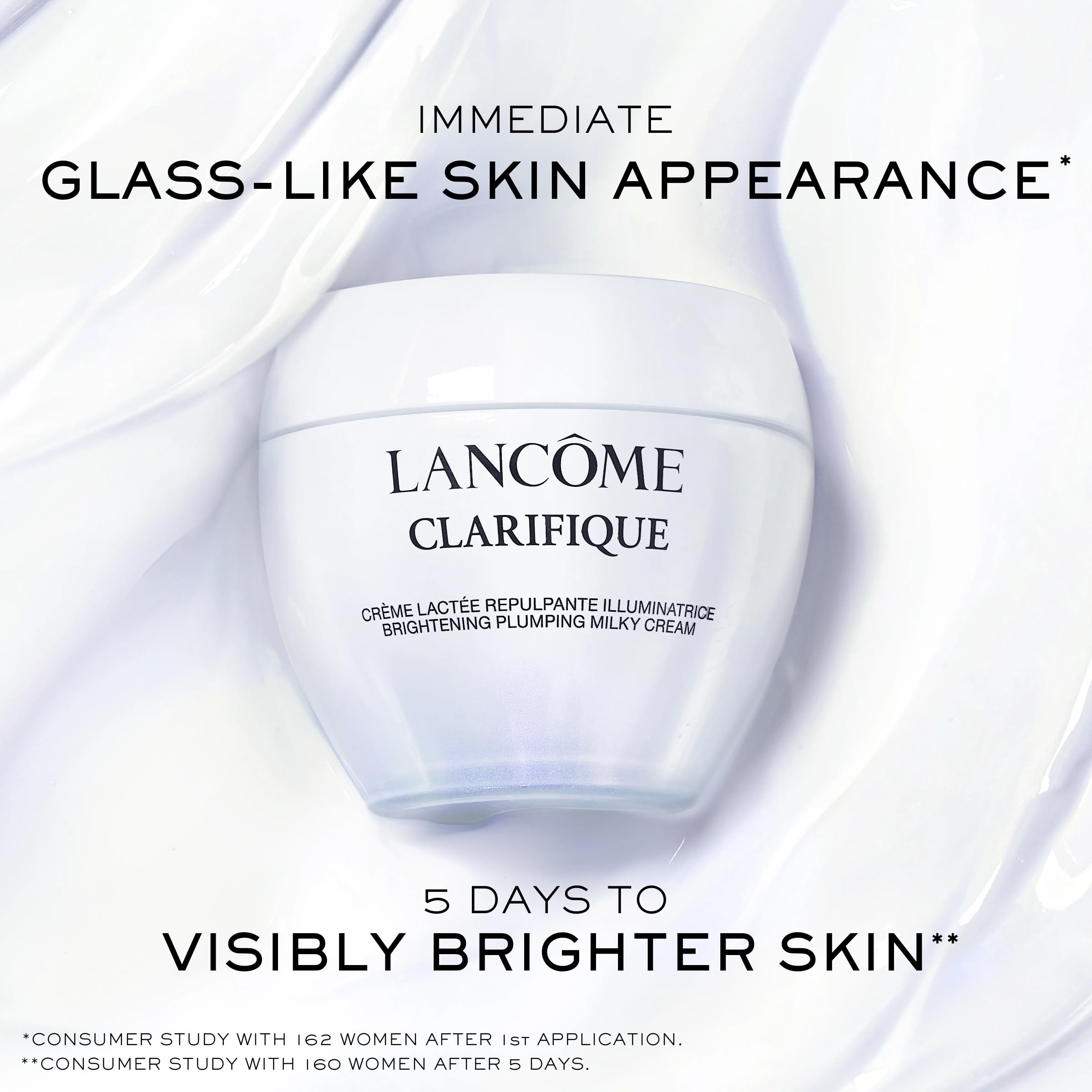 Lancôme Clarifique Milky Cream texture swirl: shows creamy-to-light formula for quick absorption.