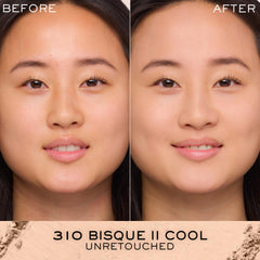Lancôme Dual Finish 310 Bisque II Cool swatch blends with cool undertones.