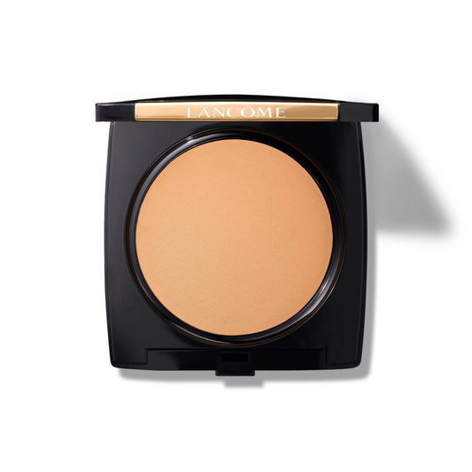 Lancôme Dual Finish bottle close-up showing smooth, natural matte coverage.
