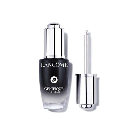 Lancôme Génifique Ultimate Recovery Serum bottle closeup highlights premium packaging for radiant skin.