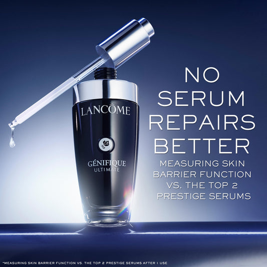 Lancôme Génifique Ultimate Recovery Serum droplets show silky texture for quick hydration.