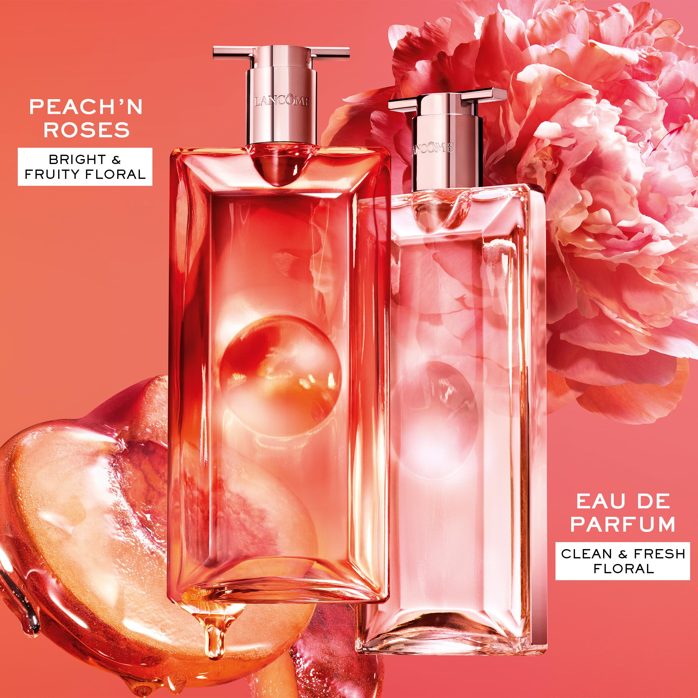 Lancôme Idôle Peach ’N Roses bottle close-up highlights a modern design.