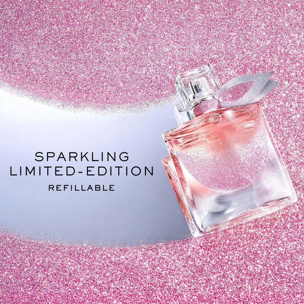 Lancôme La Vie Est Belle Collector bottle close-up highlighting iris and vanilla notes.