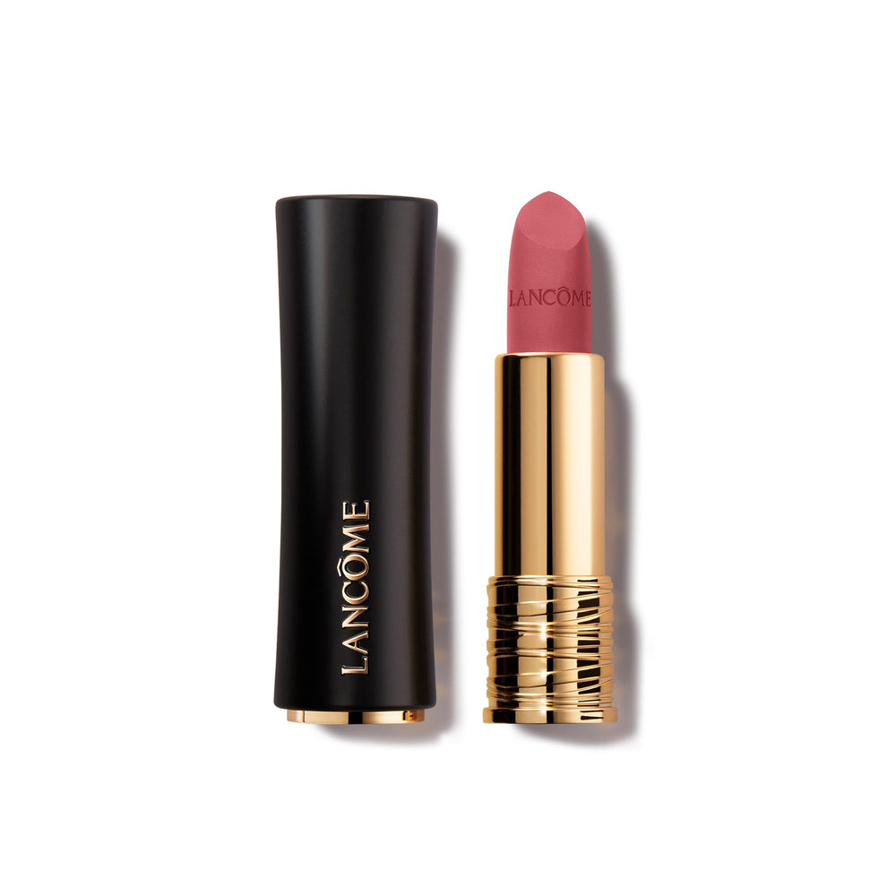 Lancôme L’Absolu Rouge Drama Matte lipstick bullet swatch with bold color and smooth finish.
