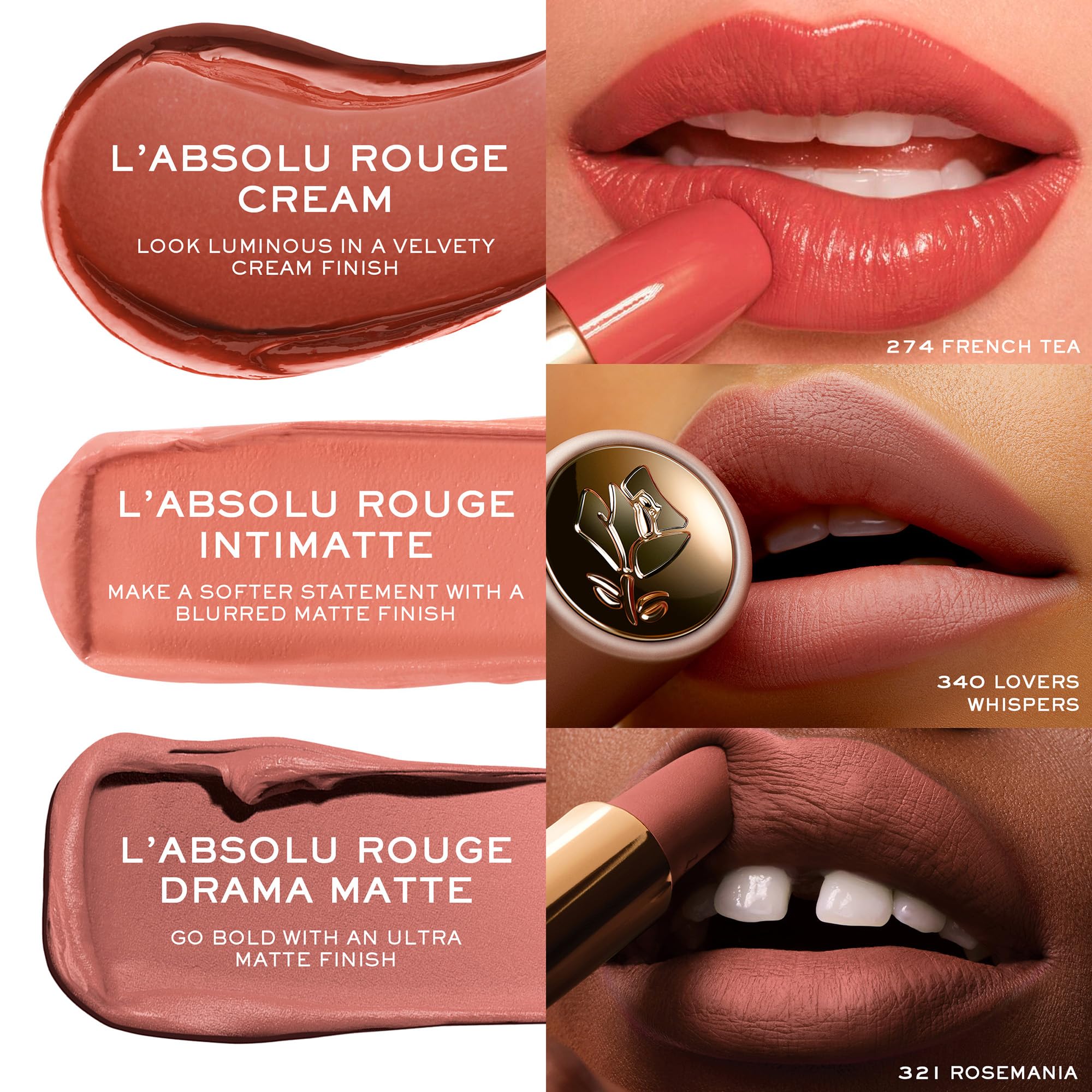 Lancôme L’Absolu Rouge Drama Matte color range offers versatile options.