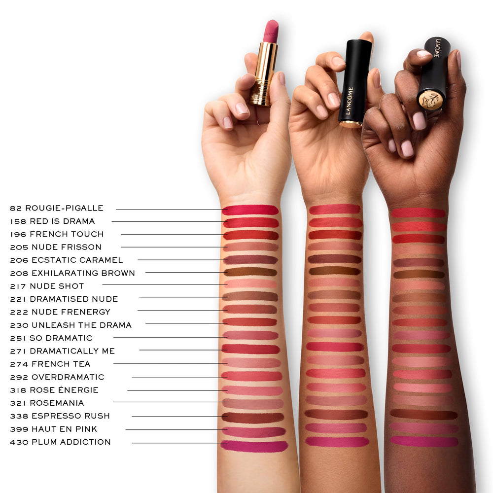 Lancôme L’Absolu Rouge Drama Matte with rose extracts promotes lip moisture.