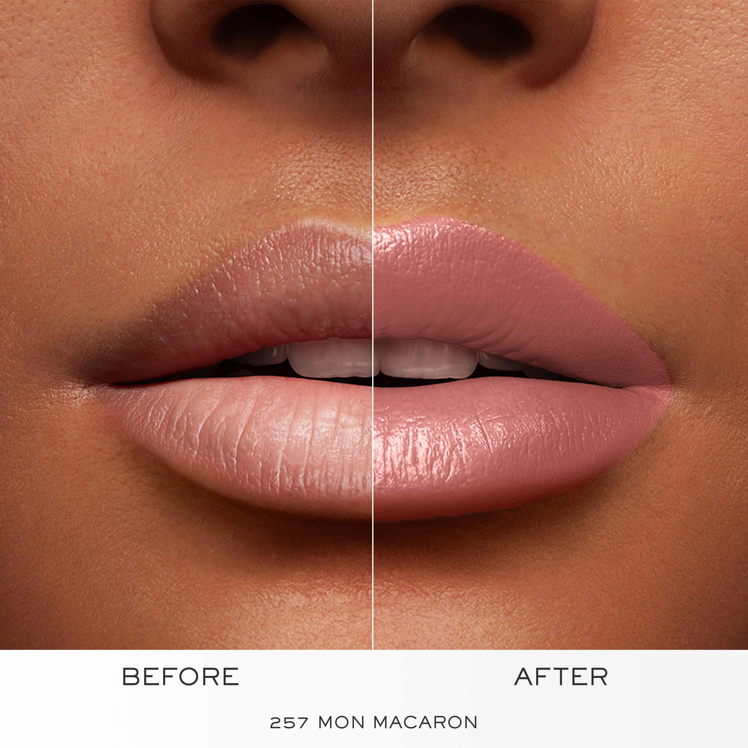 Lips wearing Mon Macaron with 18-hour comfort hint