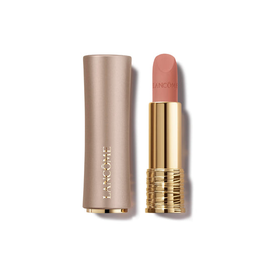 Lancôme L'Absolu Rouge Intimatte First Kiss bottle shows warm peachy-brown lips with comfortable wear