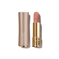 Lancôme L'Absolu Rouge Intimatte First Kiss bottle shows warm peachy-brown lips with comfortable wear