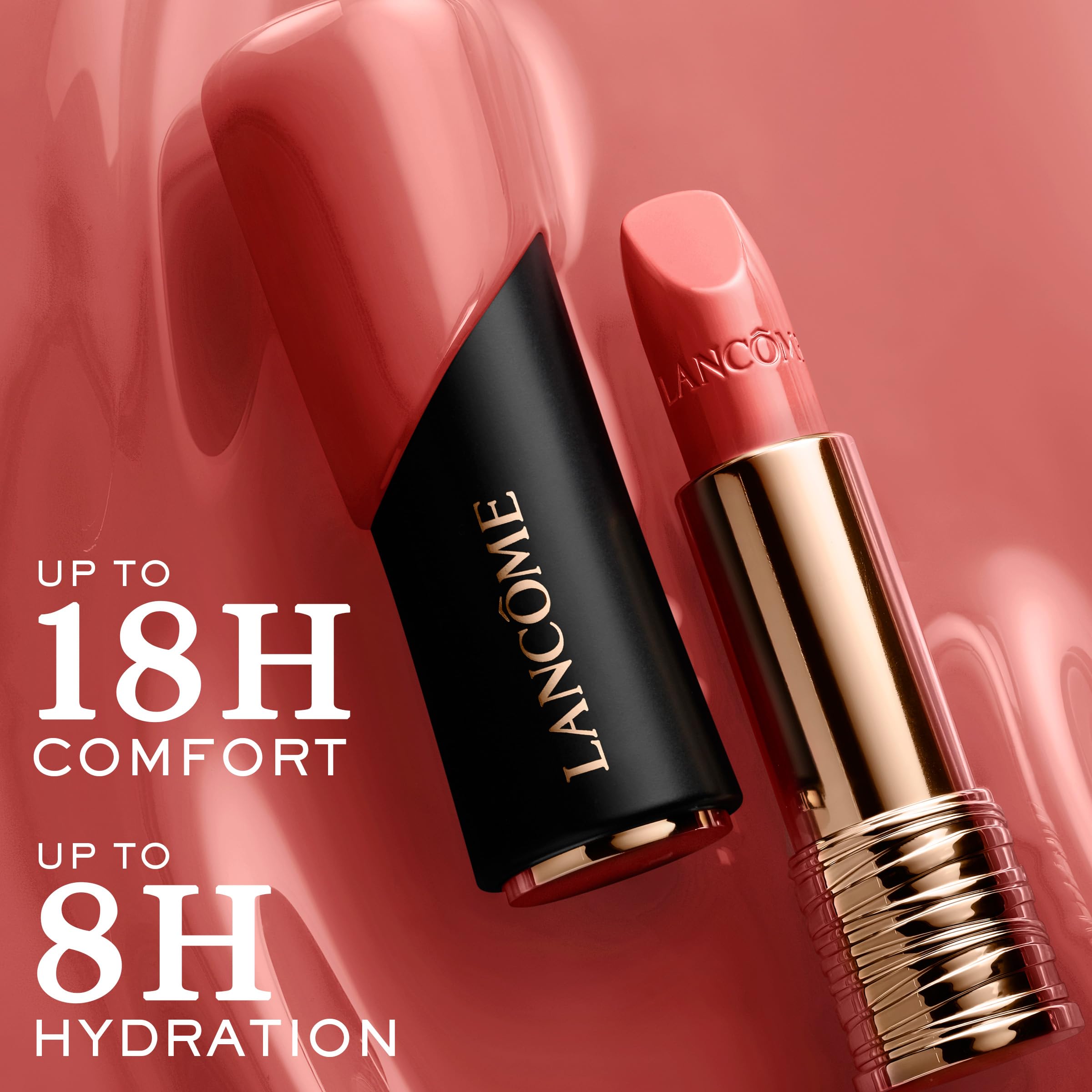 Lancôme L'Absolu Rouge non-bleeding color on lips in natural light.