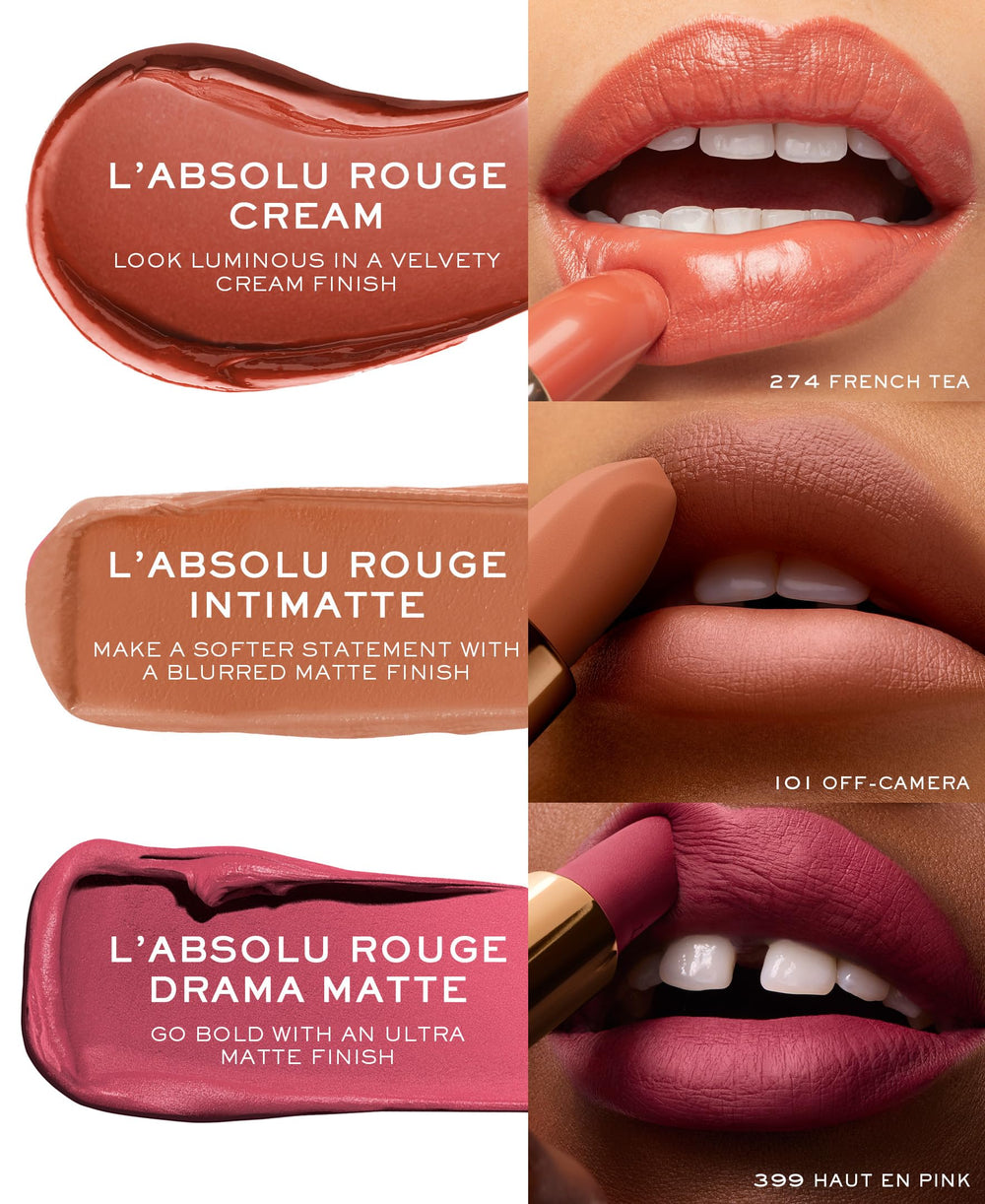 Lancôme L'Absolu Rouge smudge-resistant color on lips.