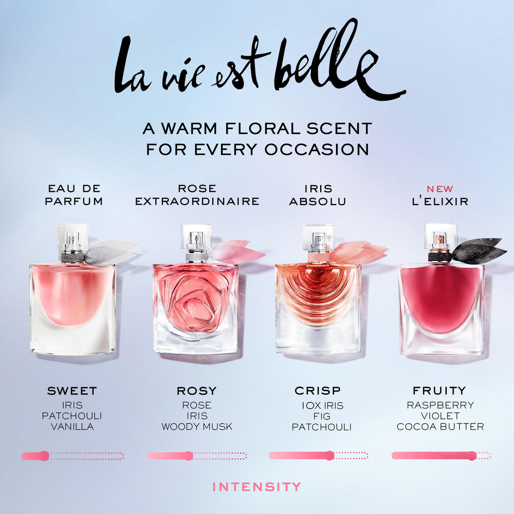 Lancôme La Vie Est Belle L'Elixir violet leaf detail signals sophisticated florals.