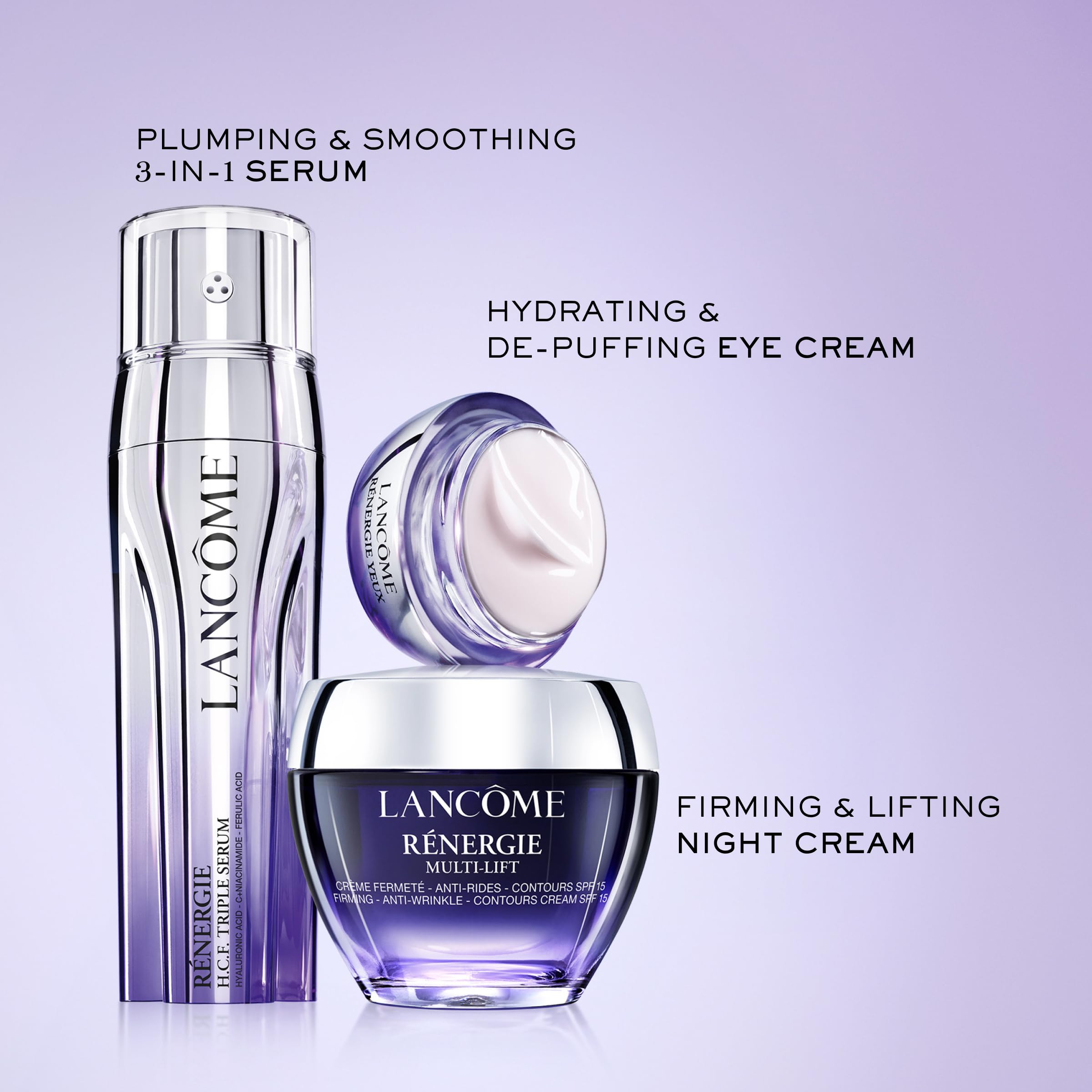 Lancôme Rénergie Lift Night Cream packaging highlights peptides and shea butter.