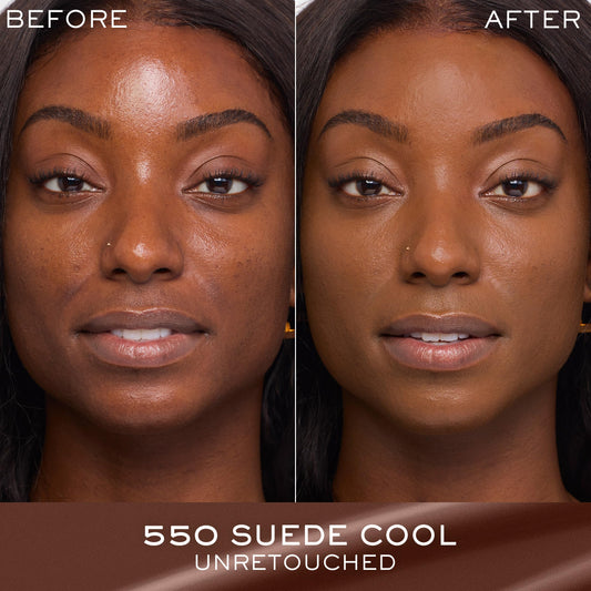 Lancôme Renergie Lift Foundation swatch shows medium-to-full coverage for even skin tone.