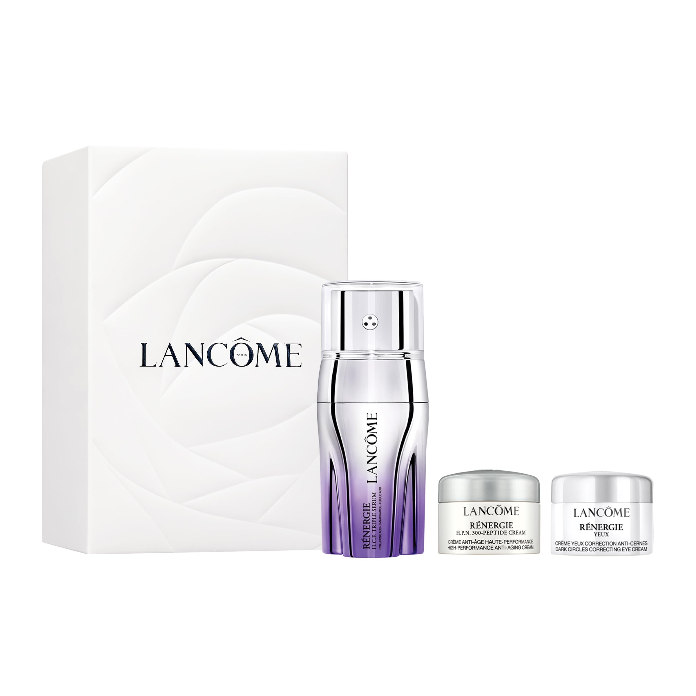 Lancôme Rénergie H.C.F. Triple Serum bottle suggests brighten and hydrate skin.