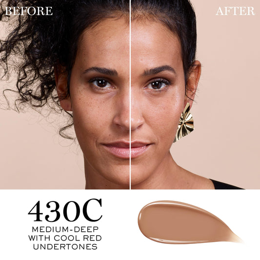 Close-up of serum-base texture highlighting hydration in Lancôme foundation.
