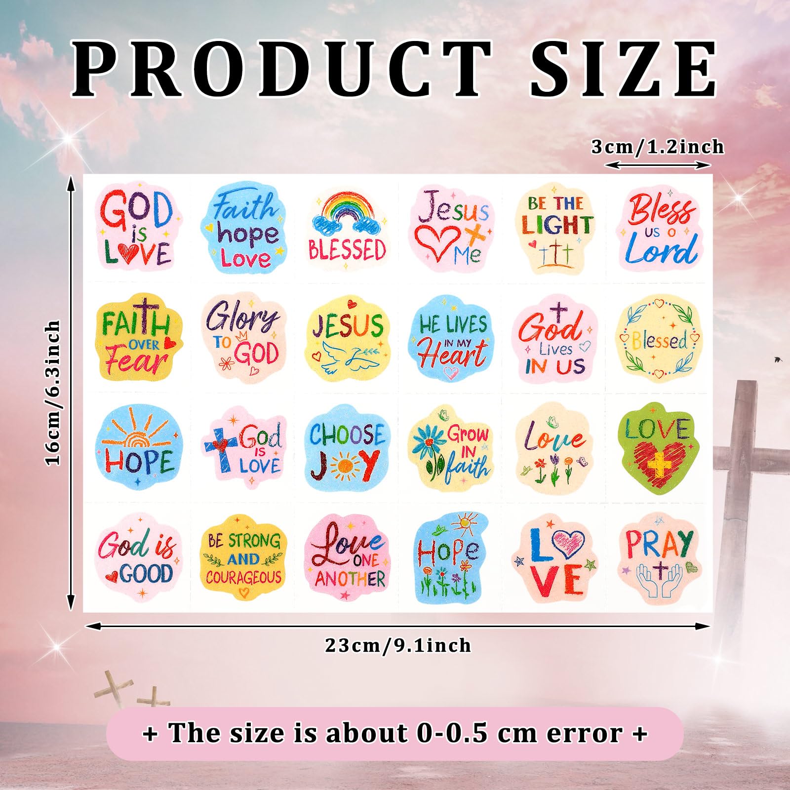 Landhoow glitter religious tattoos decorate face and arms with shimmering detail.