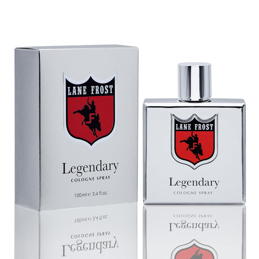 Lane Frost Legendary Chrome bottle front, bold masculine fragrance for confident daytime wear.