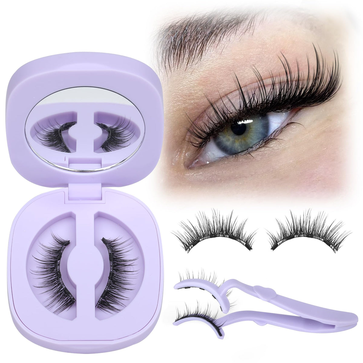 LANFLOWER magnetic eyelash closeup with applicator and wispy clusters for easy wear.