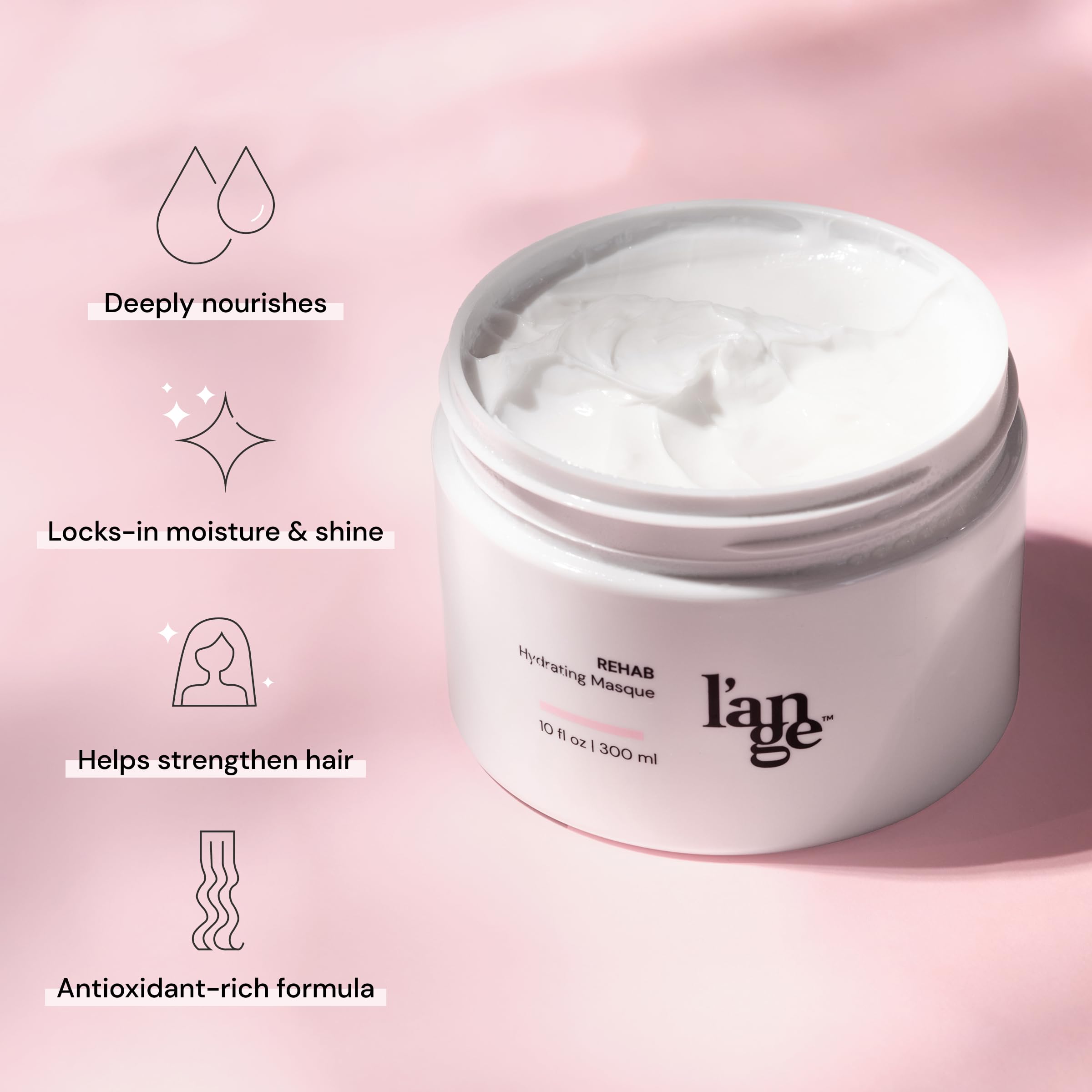 L'ANGE HAIR Rehab Hydrating Masque scoop shows lightweight conditioning in action.