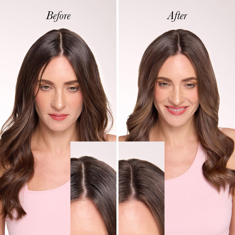 Lange Hair Deja Vu Dry Shampoo on hair shows oil and odor absorption.