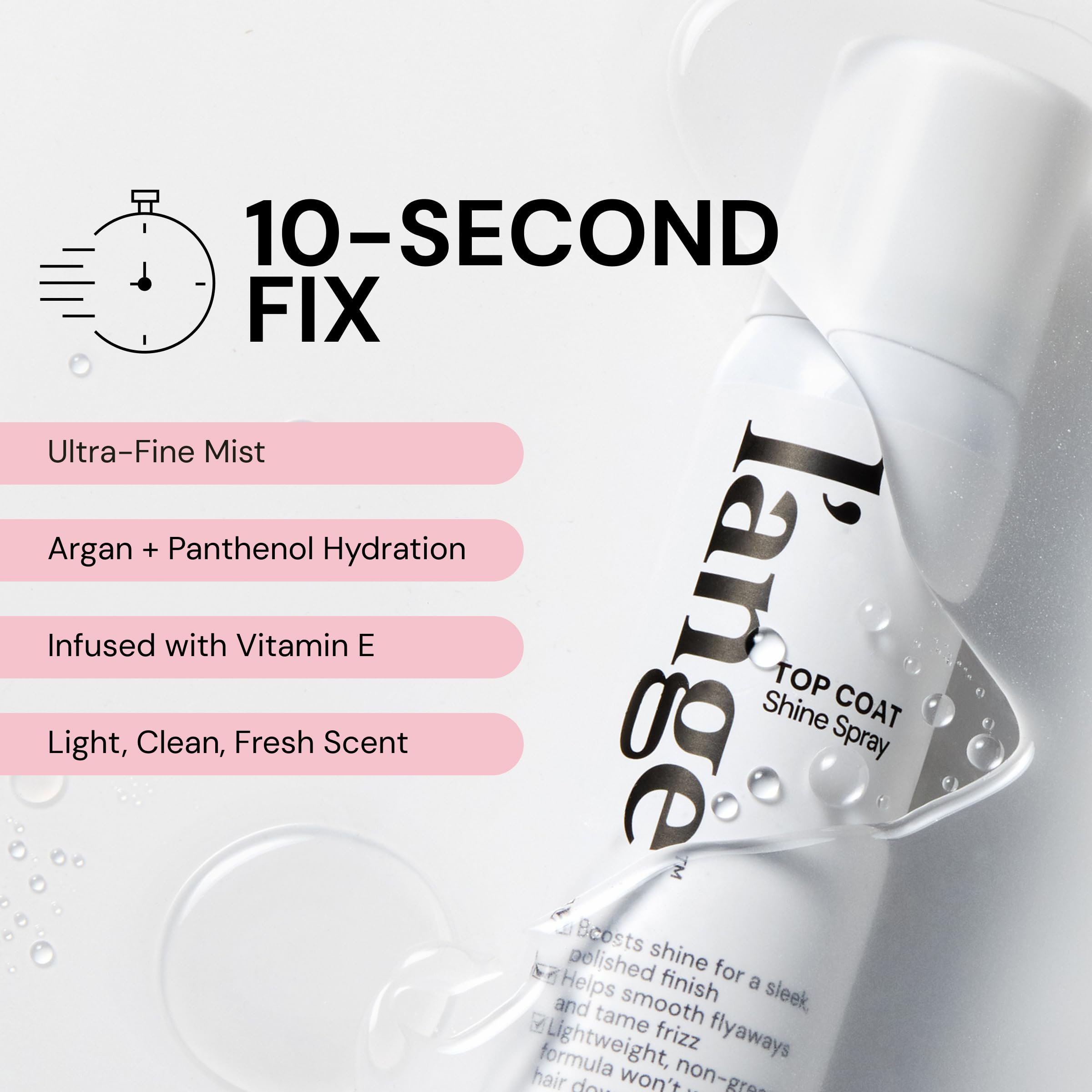 Styled hair with a glossy finish using L’ange Top Coat Shine Spray