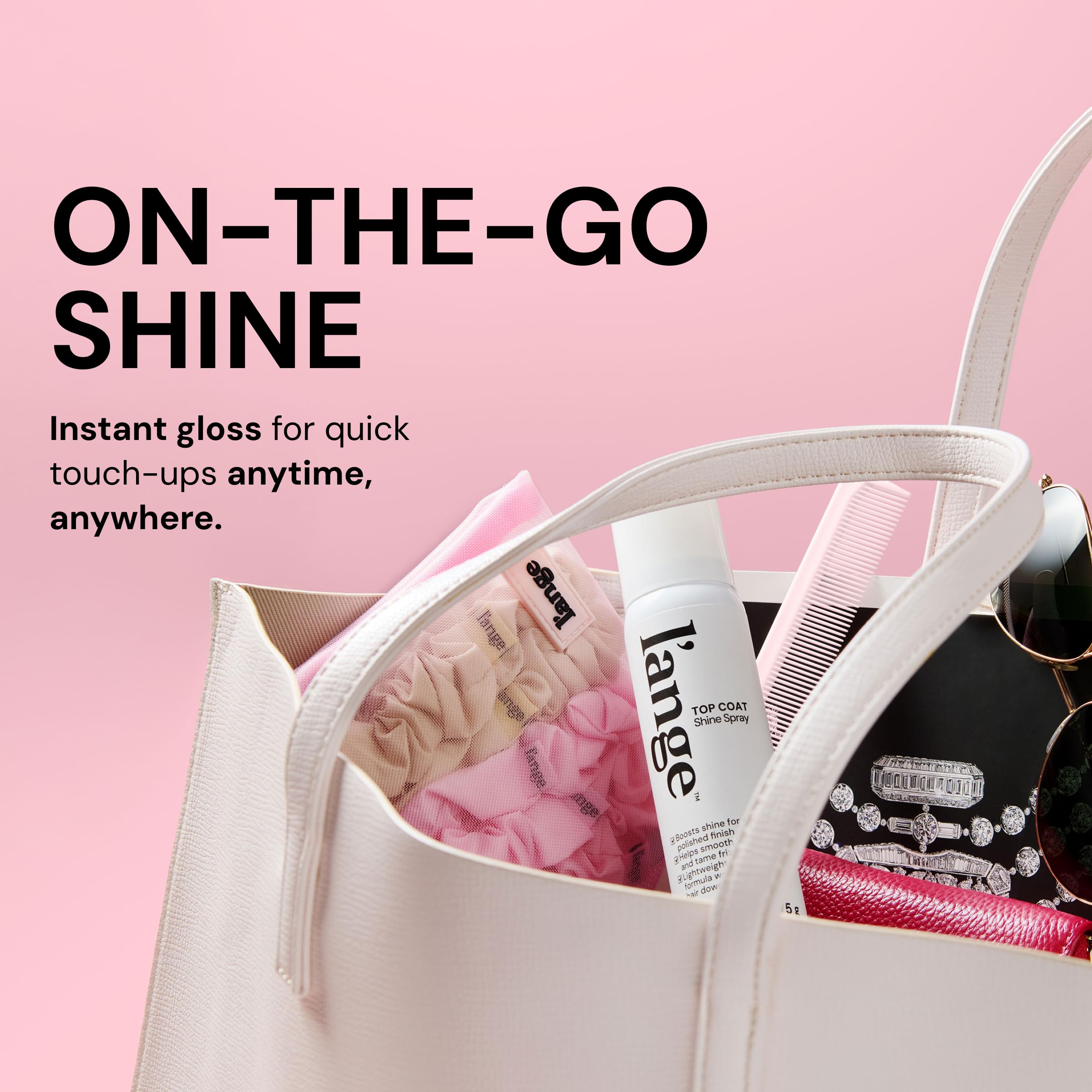 L’ange Top Coat Shine Spray highlights argan oil conditioning for shine