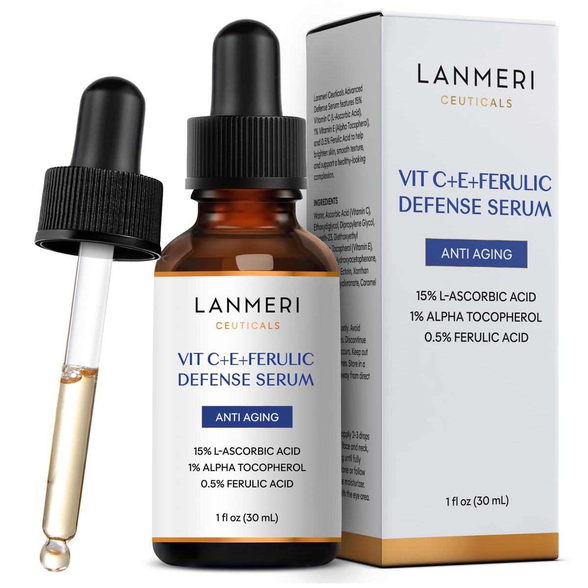 Lanmeri Ceuticals serum bottle in amber glass preserves potency.