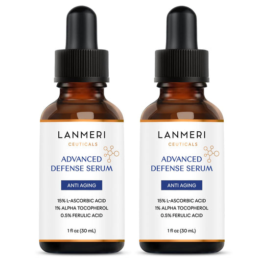 Lanmeri Ceuticals serum bottle front with amber airless design preserves potency