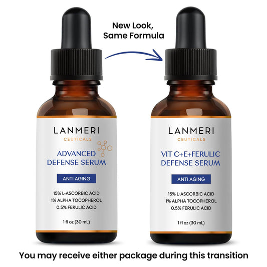 Lanmeri Ceuticals serum bottle pump visible during application for controlled dispensing.