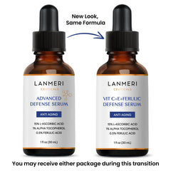 Lanmeri Ceuticals serum bottle pump visible during application for controlled dispensing.