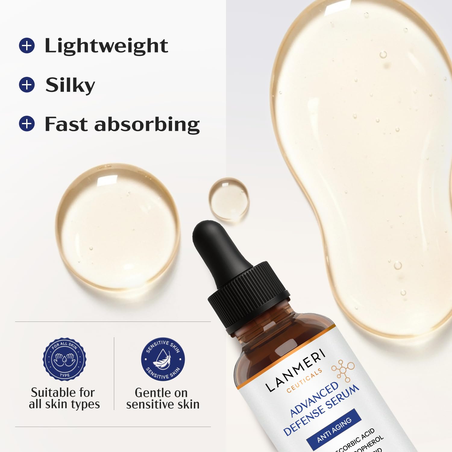 Lanmeri amber bottle indicates oxidation resistance and long-lasting potency.