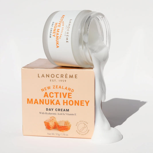 Lanocreme Active Manuka Honey Day Cream texture on skin highlights hydration and a smooth finish.