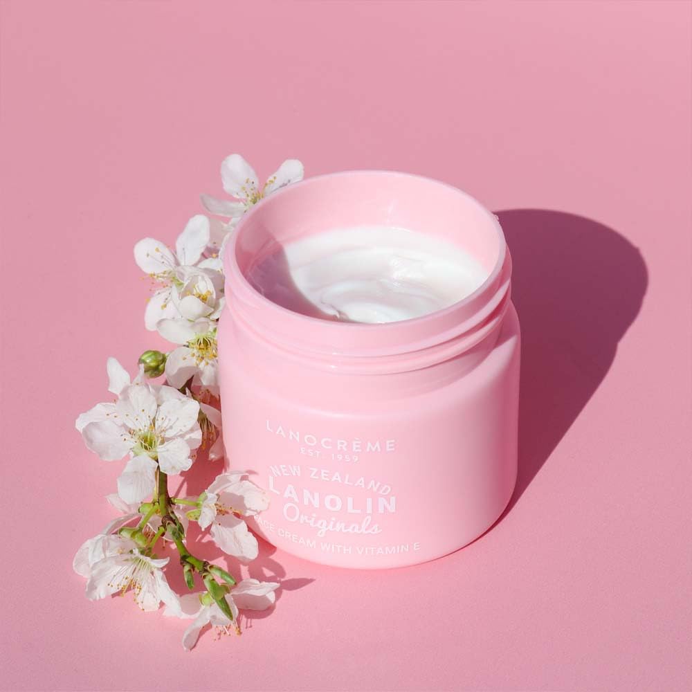 Lanocreme lanolin face cream jar close-up for soothing, nourished skin and easy daily application.