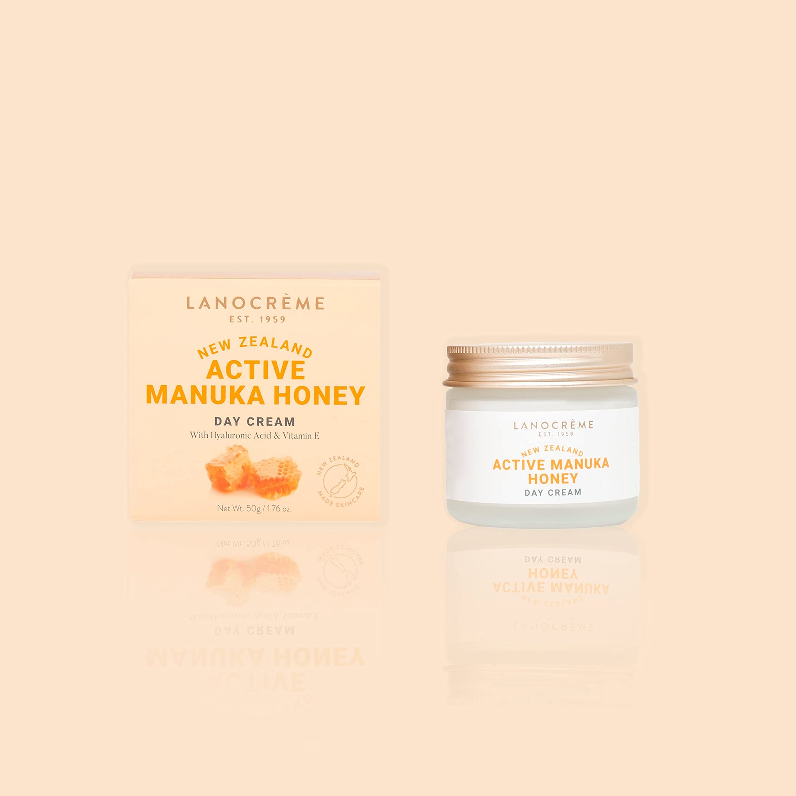 Lanocreme Active Manuka Honey Day Cream jar closeup showing rich texture for daily nourishment.