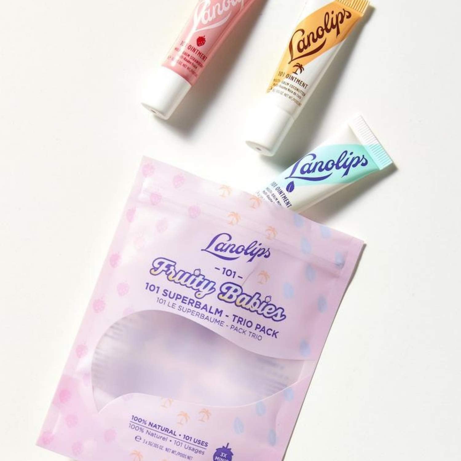 Lanolips 101 Fruity Babies Coconutter balm swatch showing creamy texture.