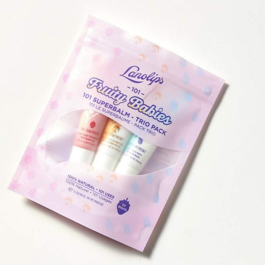 Lanolips 101 Fruity Babies Strawberry balm tube highlighting on lip hydration.