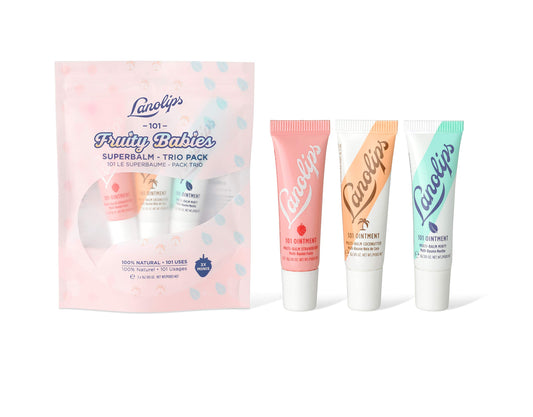 Lanolips 101 Fruity Babies Trio front view with three mini balms for easy hydration.