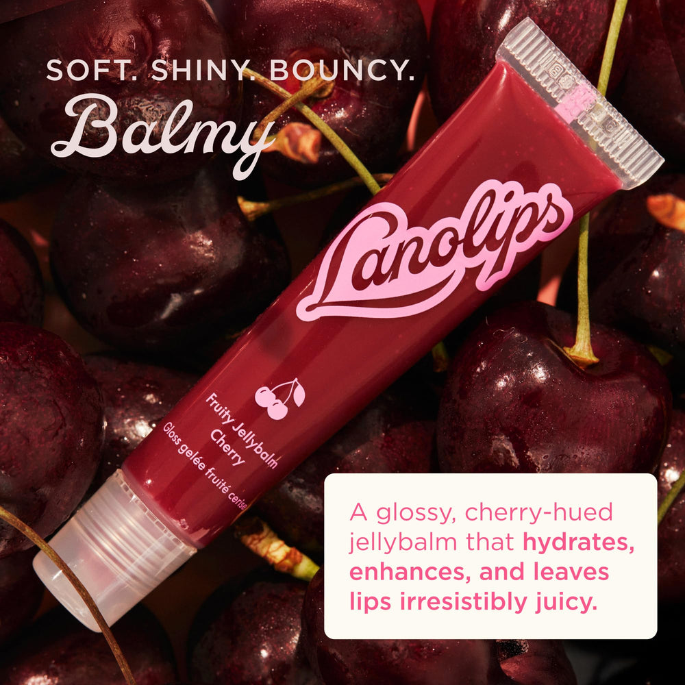 Lanolips Fruity Jellybalm Strawberry swatches show vibrant tint and smooth moisturization.