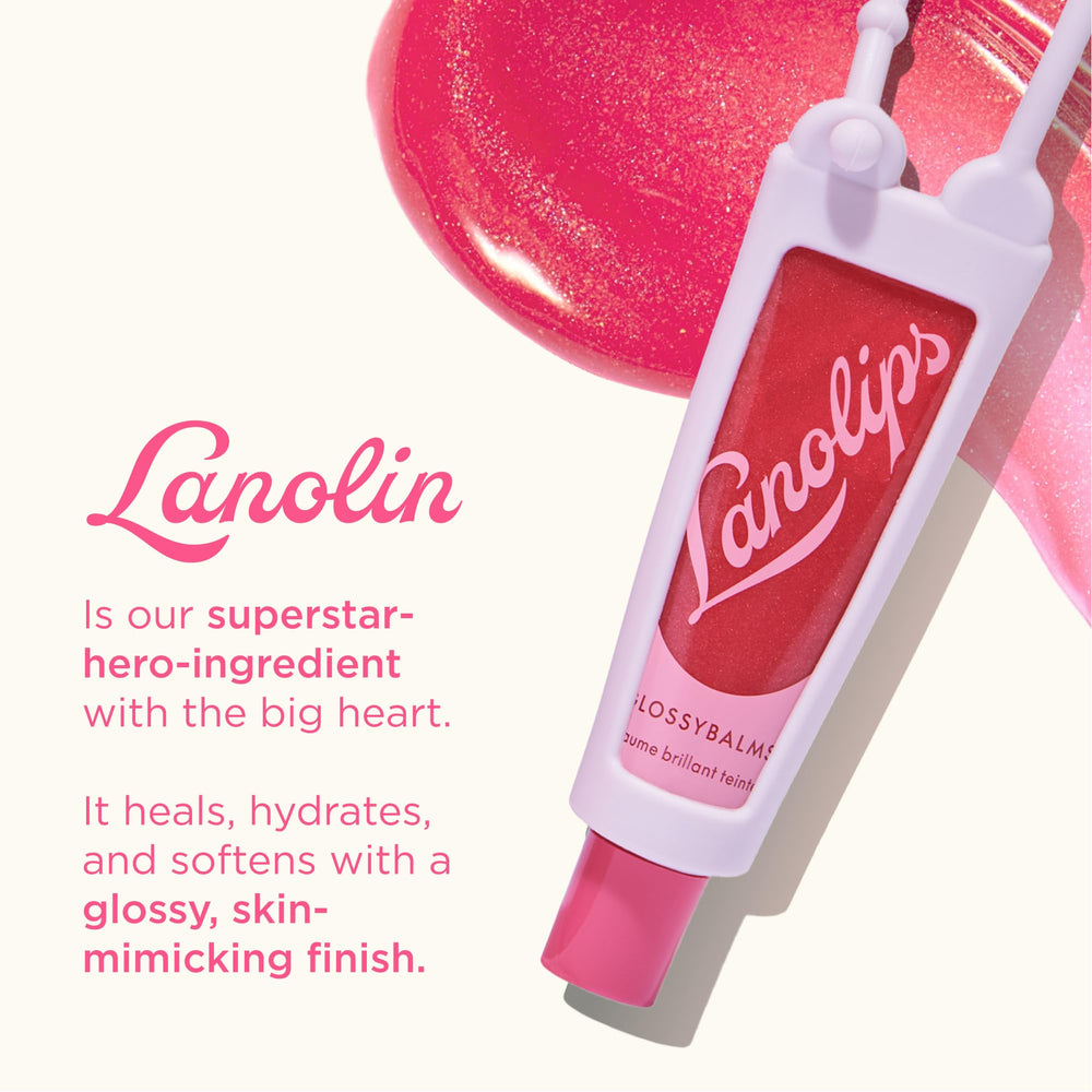 Lanolips Glossybalm Berry glaze closeup captures berry tint and moisture.