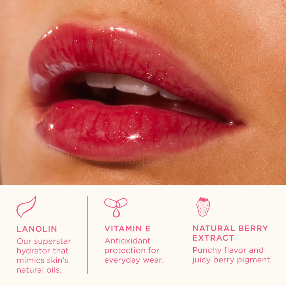 Lanolips Glossybalm Berry tinted gloss adds natural color and moisture.