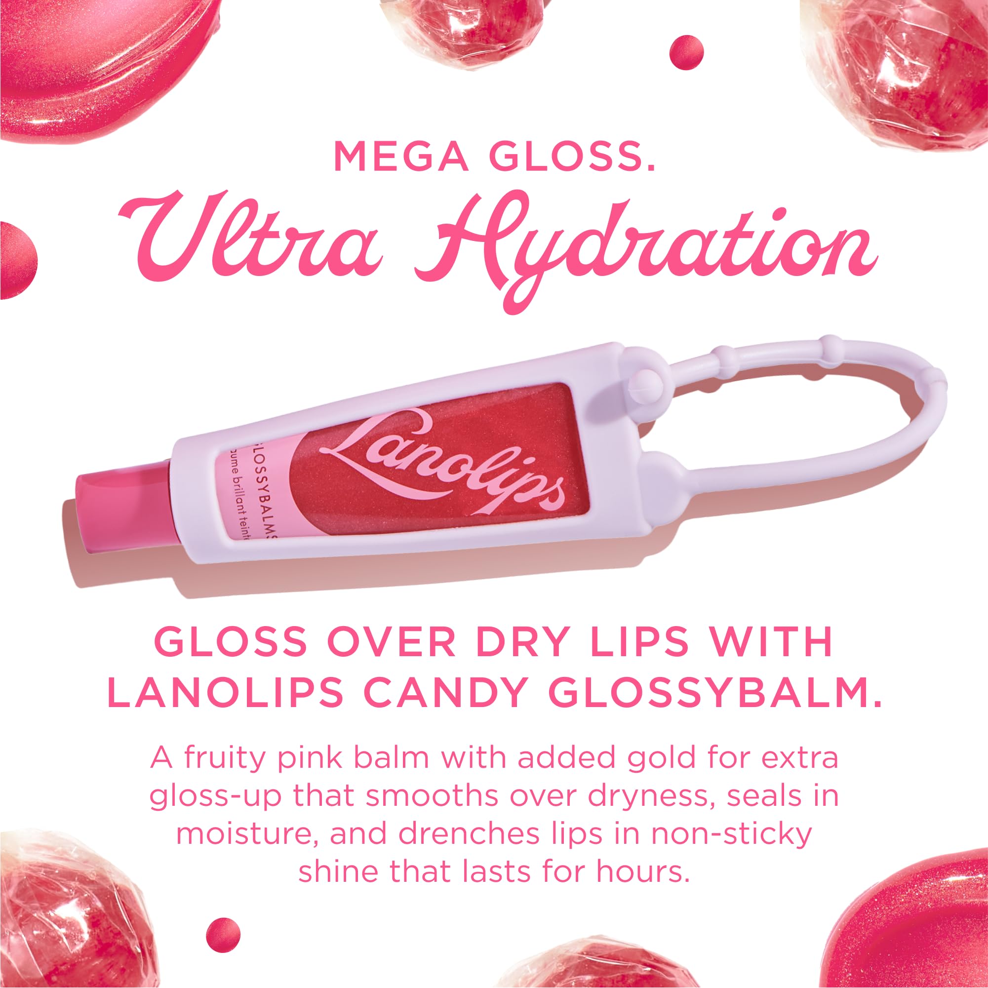 Lanolips Glossybalm Candy application closeup shows rich moisture and subtle gold shimmer.