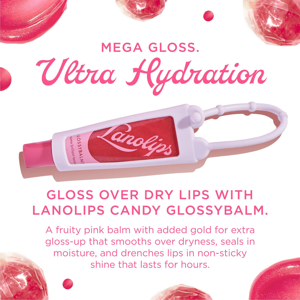 Lanolips Glossybalm Candy application closeup shows rich moisture and subtle gold shimmer.