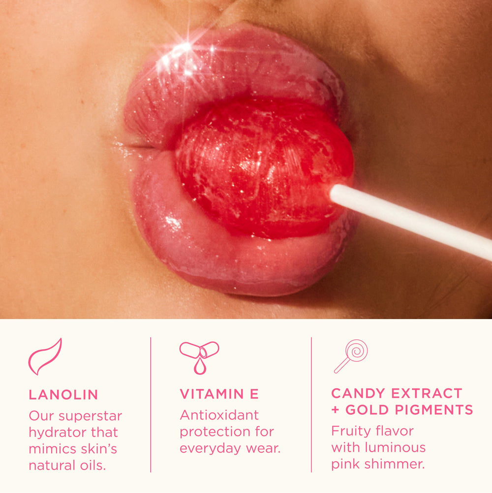 Candy gloss closeup reveals luminous shine without heaviness.